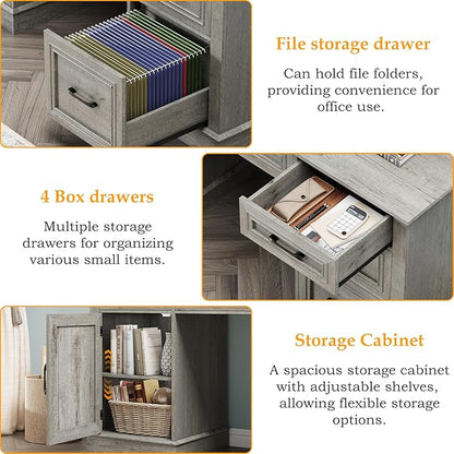 67" H Farmhouse Executive Desk with Hutch. Wood Workstation with 5 Drawers, Storage Cabinet, File Drawers and Charging Station, Ideal as Office Desks, Computer Desk for Home Office and Study.Gray