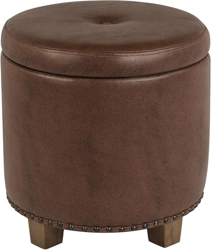 Homepop Home Decor | Upholstered Round Storage Ottoman with Nailheads| Ottoman with Storage for Living Room & Bedroom, Brown Faux Leather