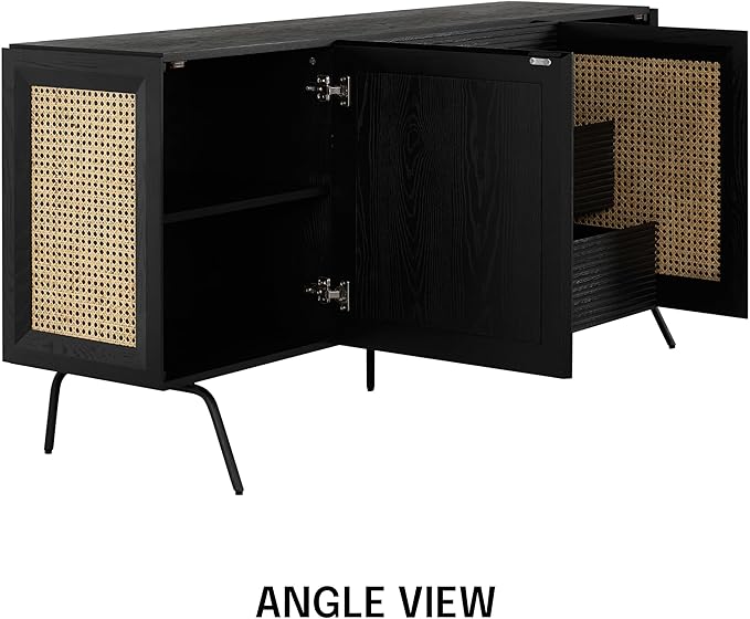NTC MOSSIC Large Sideboard with 2 Doors and 3 Drawers, Buffet Cabinet with Natural Rattan and Metal Legs, Modern Storage Cabinet for Living Room, and Hallway, Effortless Assembly - Burnt Black