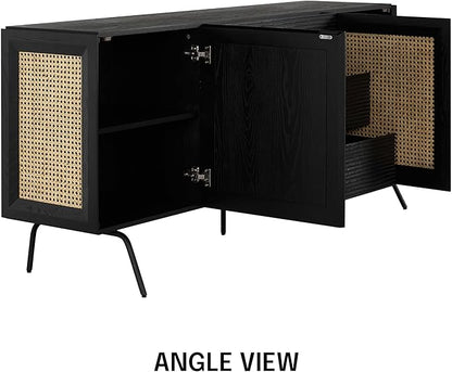 NTC MOSSIC Large Sideboard with 2 Doors and 3 Drawers, Buffet Cabinet with Natural Rattan and Metal Legs, Modern Storage Cabinet for Living Room, and Hallway, Effortless Assembly - Burnt Black