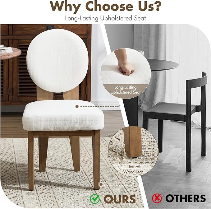 Mid-Century Modern Walnut Dining Chairs Set of 6, Vintage White Wooden Kitchen Chairs, Retro Upholstered Linen Cushioned Seat with Curved Backrest, Armless Accent Side Chair for Bedroom
