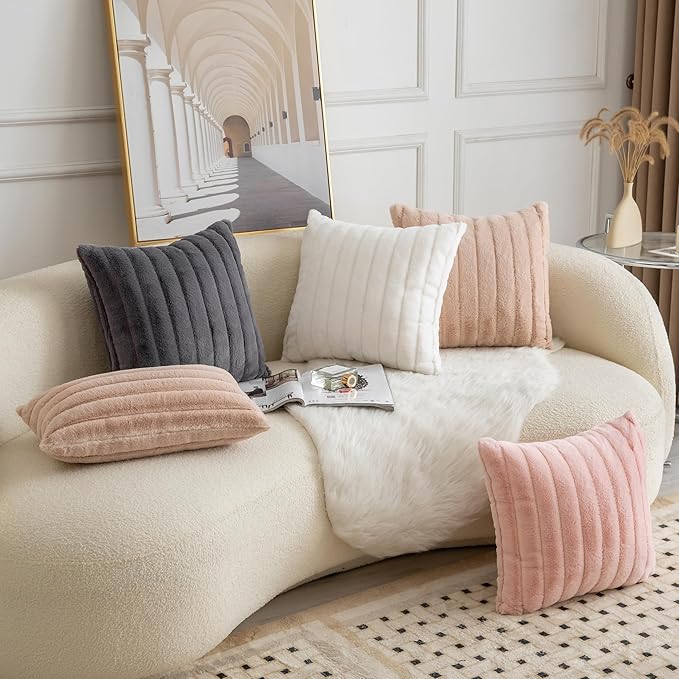 Pack of 2 Faux Fur Throw Pillow Covers 18x18 Inch Striped Decorative Soft Plush Couch Pillow Case Home Decor for Bed, Sofa, Living Room Darkgrey