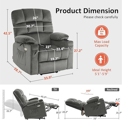 MCombo Dual Motor Power Lift Recliner Chair with Massage and Heat for Elderly People, Infinite Position, USB Ports, Cup Holders, Fabric 7679 (Medium, Grey)