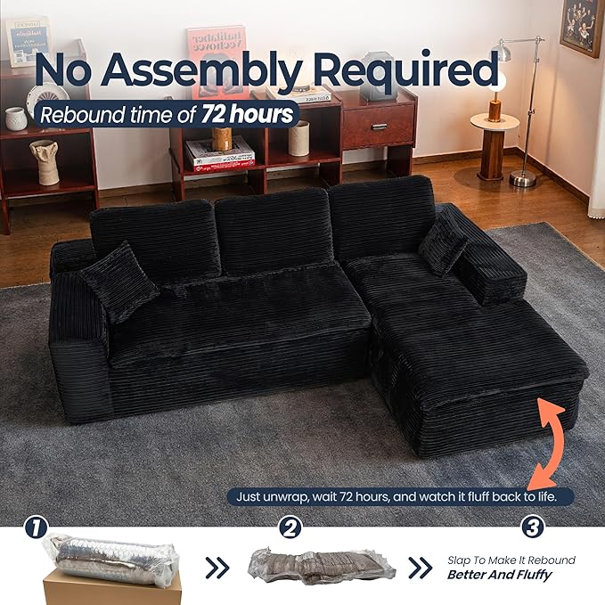 106" Oversized Couch Sofa, L Shape Couches for Living Room, No Assembly Required Corduroy Sectional Sofas with Right Facing Chaise for Home Apartment