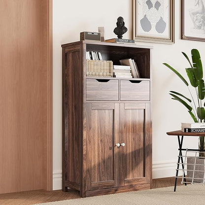 Shintenchi Floor Storage Cabinet, Bathroom Storage Organizer with Doors and Drawers, Freestanding Side Cupboard Pantry with Adjustable Shelf for Bathroom/Kitchen/Livingroom, Walnut