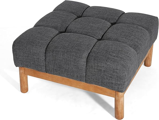 Christopher Knight Home Annette Square Ottoman Footstool with Grid Tufting, Living Room Sofa Ottoman with Wood Frame, Fabric Upholstery Coffee Table, Comfy Seating with Dense Foam Padding, Gray