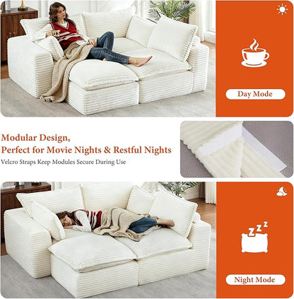 108" Sectional Couches for Living Room Boneless Couch Upholstered Cloud Couch Sectional Modular Sectional Sofa with L Shaped (Corduroy-White, 3 Seat+1 Ottoman)