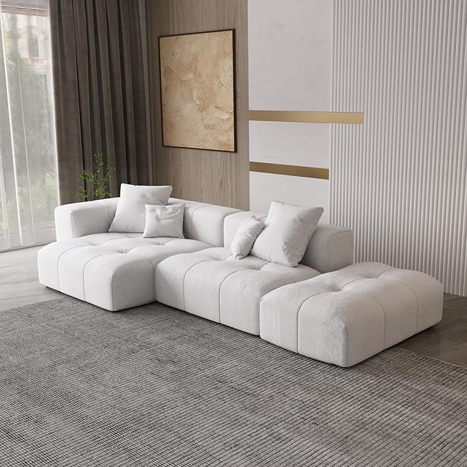 WJShome Modern Modular Sofa with Ottoman,119" L Shaped Sectional Couch, Linen Deep Loveseat with Pillows Couches for Living Room, Bedroom and Apartment,White