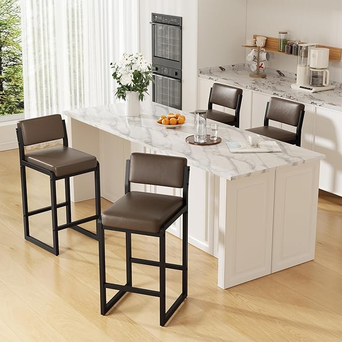 Bar Stools Set of 3, Faux Leather Counter Height Bar Stools with High Back and Metal Legs, Upholstered Bar Chairs, 26" Modern Barstools for Kitchen Island, Dark Brown