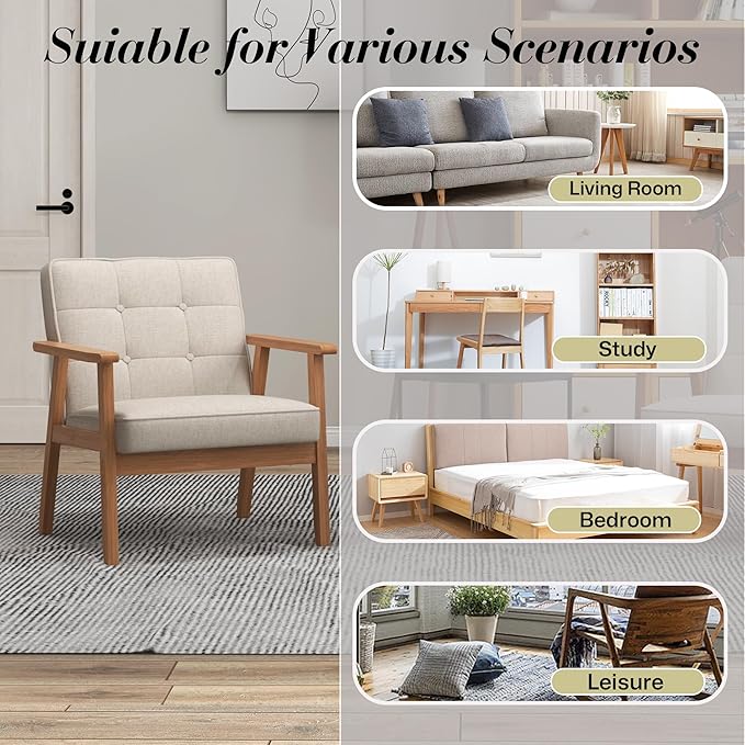 KCC Mid-Century Modern Linen Fabric Accent Chair Set of 2, Upholstered Tufted Leisure Chair Comfy Reading Side Chair with Armrest and Solid Wood Frame for Living Room Bedroom Balcony(Beige)