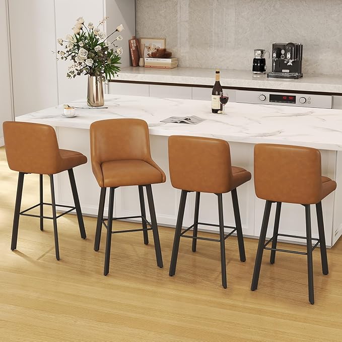 Swivel Counter Height Bar Stools Set of 2, 30''H Upholstered Barstools with Backs, Modern Bar Stool Chairs for Kitchen Island, Metal Legs, Faux Leather, Whiskey Brown Stools Counter Chair