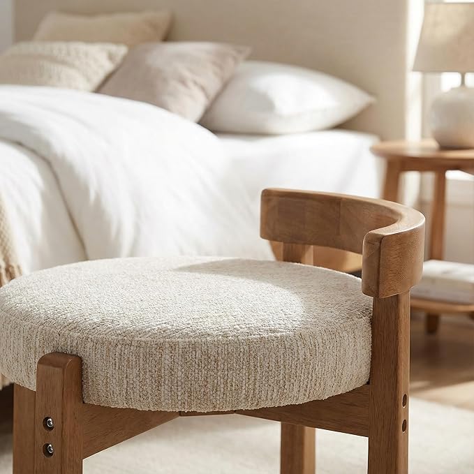 HNY Modern Chenille Vanity Chairs & Ottoman Set of 2 Upholstered Round Seat with Solid Wood Legs, for Makeup Dressing, Living Room Footrest or Piano Bench, Beige