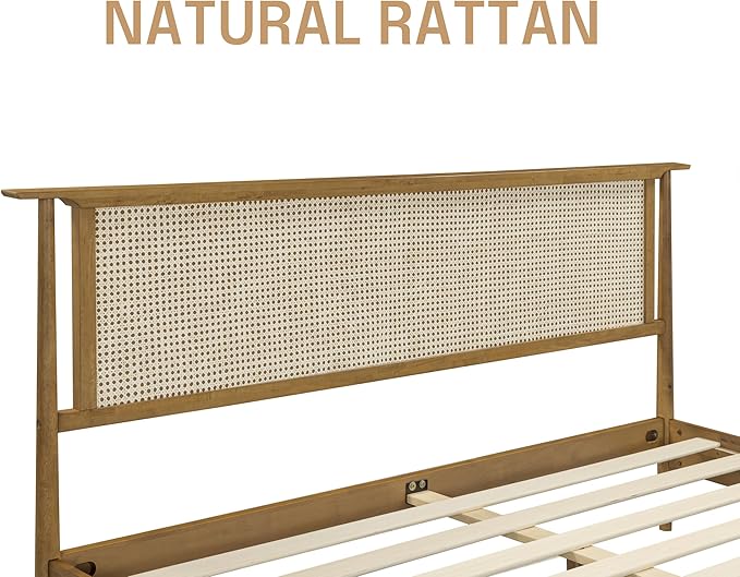 NTC Ruby Wooden Bed Frame with Headboard and Natural Rattan, Solid Oak Foundation with Silent Slats, 1000 Lb Capacity, Effortless Assembly, King - Teak Look