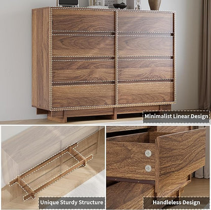 Walnut Dresser for Bedroom, 53.1" Wide 8 Drawer Dresser, Mid Century Modern Dressers Chest of Drawers, Wooden Large Dressers for Bedroom, Closet