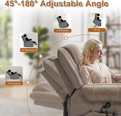 Luxlen Power Lift Recliner Chair for Elderly, Dual Motor Massage Recliner with Lumbar Heat, Heavy Duty Motion Mechanism Lift Chair with Charge Ports, Genuine Leather - Brown