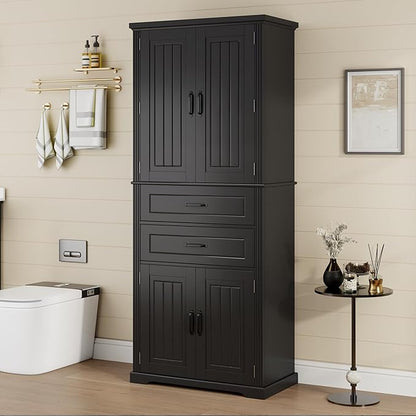 Tall Storage Cabinet, Bathroom Floor Freestanding Storage Cabinet with 2 Doors, Adjustable Shelf, and 2 Drawers for Bathroom, Office, Living Room, MDF Board, Black