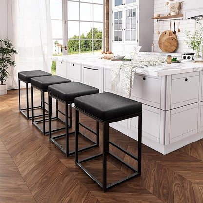 ALPHA HOME 24 Inch Counter Height Bar Stools Set of 3, Upholstered Bar Stools for Kitchen Island, Counter Stools with Faux Leather Cushion and Sturdy Metal Frame, Modern Barstools, Black