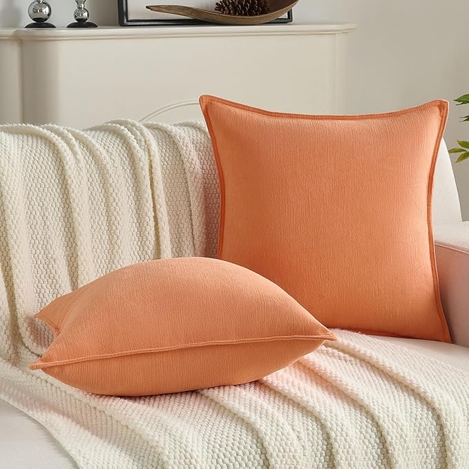FUTEI Orange Chenille Throw Pillow Covers 20x20 Inch Set of 2,Edges Double-Stitched Cushion Cases,Modern Home Decor for Couch Living Room