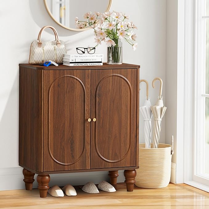ORRD Fluted Storage Cabinet, Modern Credenza Wooden Accent Sideboard Buffet Cabinet with Adjustable Shelves and Solid Wood Legs, Console Table for Kitchen Dining Living Room Entryway, Walnut