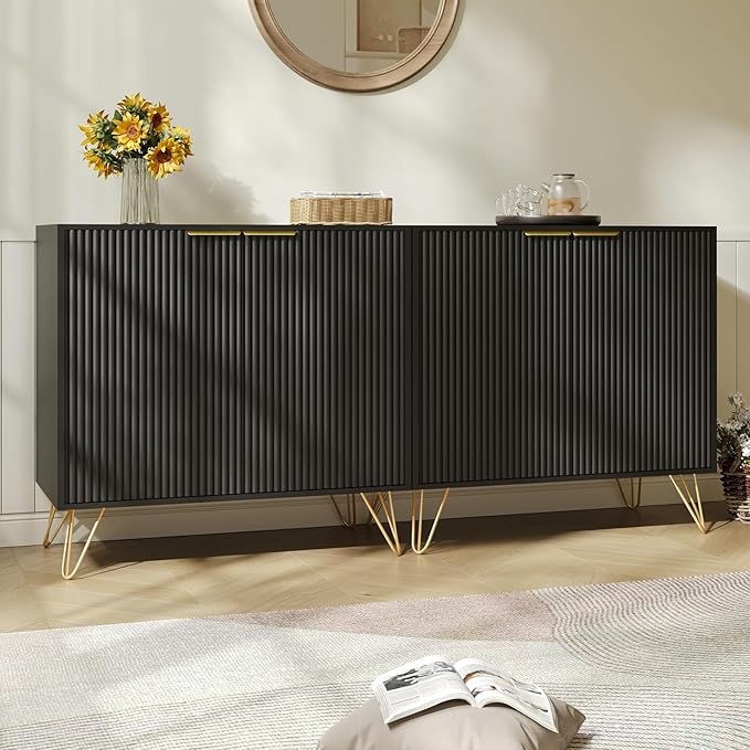 Fluted Storage Cabinet, Set of 2, Sideboard Buffet Cabinet, Modern Wood Accent Cabinet with Adjustable Shelves, Console Table for Living Room, Hallway, Entryway, Black