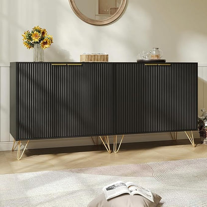 Fluted Storage Cabinet, Set of 2, Sideboard Buffet Cabinet, Modern Wood Accent Cabinet with Adjustable Shelves, Console Table for Living Room, Hallway, Entryway, Black