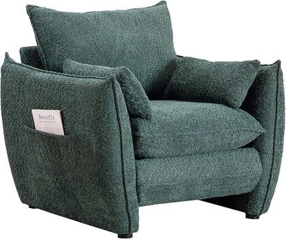 Chenille Oversized Accent Chairs Set of 2, Modern Oversized Armchair with Removable Pillow, Comfy Living Room Chair with Side Pocket Storage for Bedroom, Office, Green