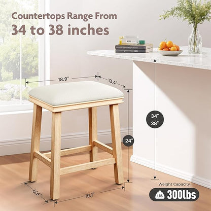 ALPHA HOME 24 inch Barstools Set of 1, Solid Wood Kitchen Stools with PU Leather Cushion Counter Height Bar Stools for Indoor, White Seat and Wooden Legs, 1PCS