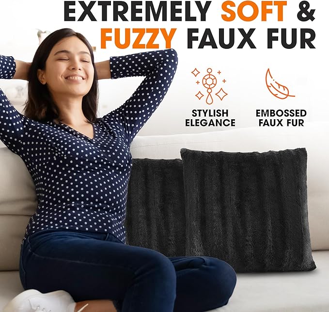 Cheer Collection Faux Fur Throw Pillows - Decorative Pillows for Couch, Bed Throw Pillows, Black Accent Pillows for Bedroom or Living Room Aesthetic, Set of 2 Furry Throw Pillows, 22" x 22"