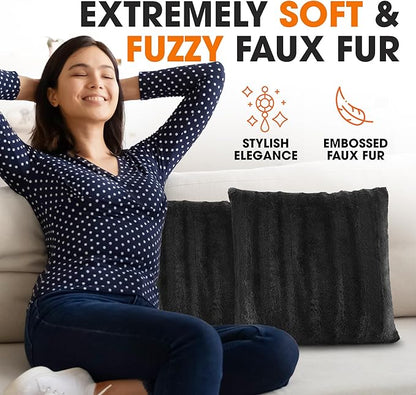 Cheer Collection Faux Fur Throw Pillows - Decorative Pillows for Couch, Bed Throw Pillows, Black Accent Pillows for Bedroom or Living Room Aesthetic, Set of 2 Furry Throw Pillows, 22" x 22"