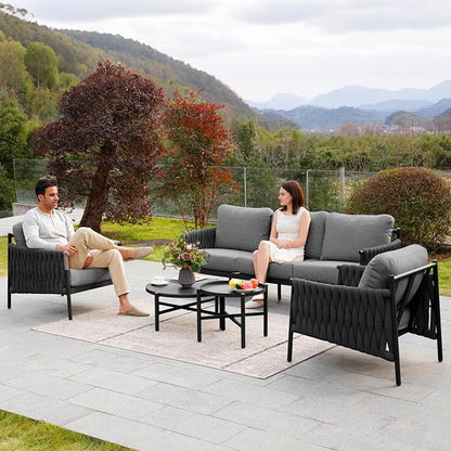 Grand patio 5-Piece Outdoor Furniture Set, Outdoor Sofa Set with 2 Round Side Tables, Modern Metal Patio Couch with Thick Waterproof Cushions for Porch Deck Backyard, Dark Grey