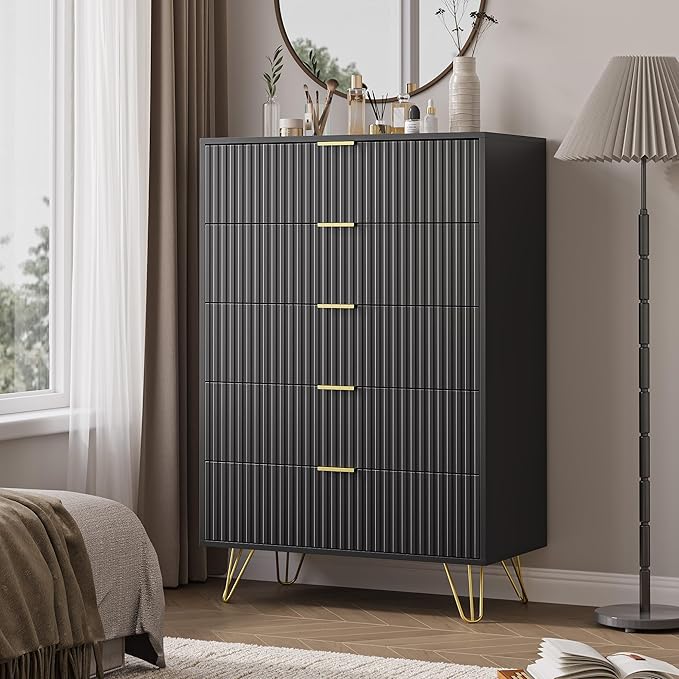 5 Drawers Dresser for Bedroom, 47" Tall Modern Chest of Drawers with Gold Handle, Fluted Wood Dresser for Bedroom, Living Room, Hallway, Entryway, Black