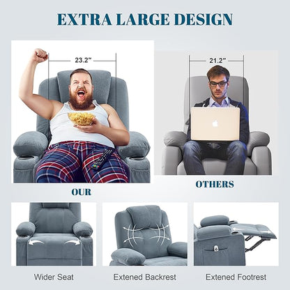 Oversized Swivel Rocker Recliner Chair with Heat and Massage, Large Big Recliner Chair for Living Room, 360 Degree Swivel Rocking Single Sofa with Cup Holders and USB Port(Fabric, Blue)