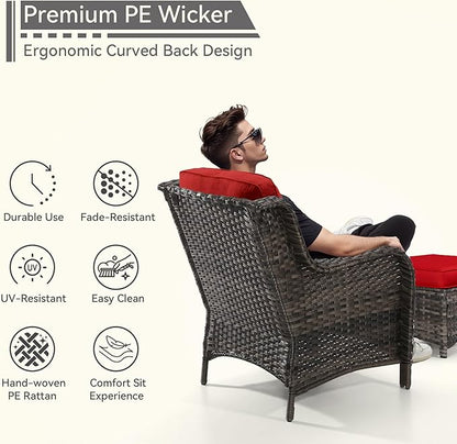 4 Pieces Patio Conversation Set, Wicker Chairs Set of 2 and Two Ottomans with 3.5-inch Seat Cushions, High Back and Curved Armrest for Backyard, Balcony and Deck, Red