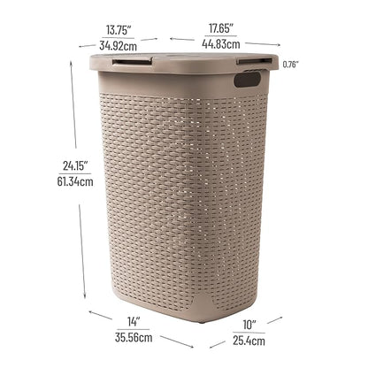 Mind Reader Slim Laundry Hamper with Lid, 60L Clothes Basket, Premium Wicker Design, Plastic, Tan