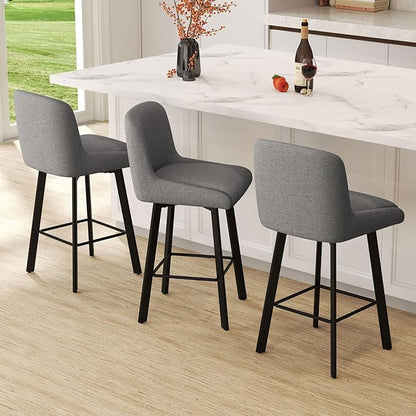 Swivel Bar Stools Set of 6, 26''H Upholstered Barstools with Backs, Modern Counter Height Bar Stool Chairs for Kitchen Island, Metal Legs, Fabric, Gray Counter Stools