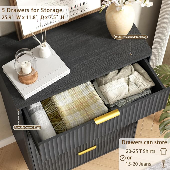 CARPETNAL Fluted 5 Drawers Dresser for Bedroom, 45" Tall Wooden Chest of Drawers with Rounded Corners, Gold Handles, Modern Storage Organizer for Bedroom, Hallway (Black)