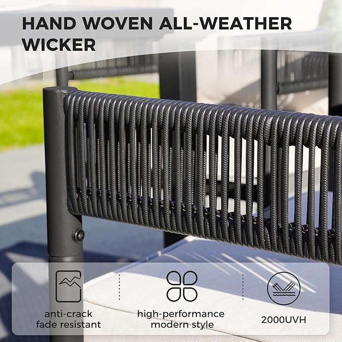 Grand patio Outdoor Dining Set for 6, 7 PCS Patio Table and Chairs Set, Metal Woven Wicker Swivel Patio Chairs with Thickened Cushions & 1 Rectangular Woodgrain Dining Table with Umbrella Hole (Black)