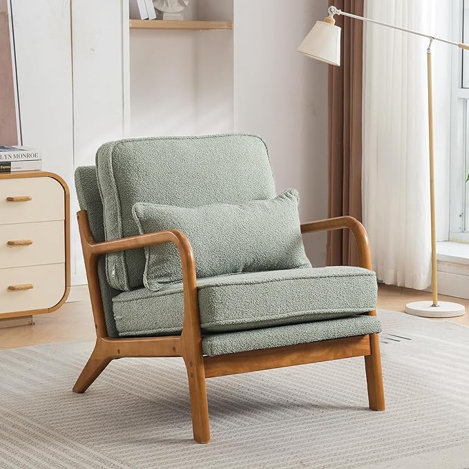 Mid-Century Accent Chair,Sherpa Fabric Lounge Chair with Wide Armrest,Sherpa Fabric Armchair with Lumbar Pillow & Solid Wood Frame for Living Room, Bedroom, Balcony (Green)