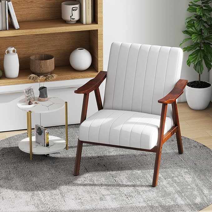 Giantex Mid-Century Modern Accent Chair Set of 2, Upholstered Comfy Living Room Chair with Arms, Anti-Slip Felt Pads, Wooden Frame Soft Padded Armchair for Living Room Bedroom Office Study, Beige