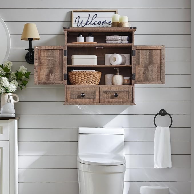 ACCOHOHO Bathroom Wall Cabinet, Farmhouse 24" Wide Medicine Cabinet with Drawer, Adjustable Shelf, Double Barn Doors, Storage Cabinets for Bathroom, Kitchen, Living Room, Rustic Brown