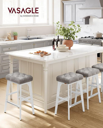 VASAGLE Bar Stools Set of 2, Saddle Counter Height Bar Stools, 26-Inch Backless Kitchen Stools with Wood Legs, PU Leather Thickened Upholstered Barstools for Kitchen Island Dining Room, Dove Gray