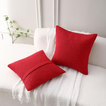 FUTEI Christmas Pack of 2 Red Decorative Throw Pillow Covers 20x20 Inch Soft Cozy Solid Boucle Textured Cushion Case,Modern Home Decor for Couch Bed Living Room