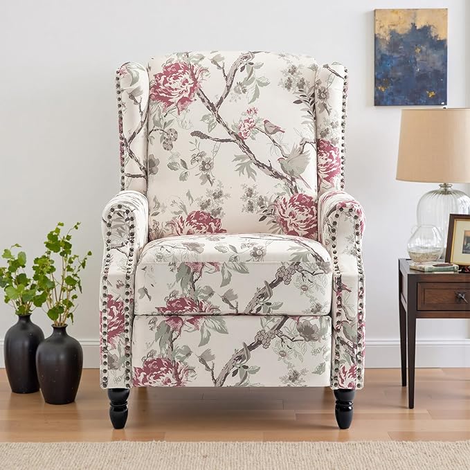 UIXE Pushback Floral Recliner Chair, Fabric Upholstered Armchair Push Back Accent Chair for Living Room, Rivet Trim Club Chair Home Theater Single Sofa Reading Seat - Beige Floral