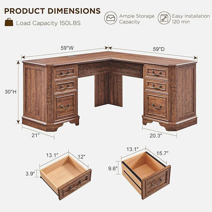 T4TREAM L Shaped Desk with Drawers,59" Farmhouse Wood Home Office Executive Desk,Charging Station,File Drawer, Storage Cabinet,Computer Desk for Work and Study (Reclaimed Barnwood)