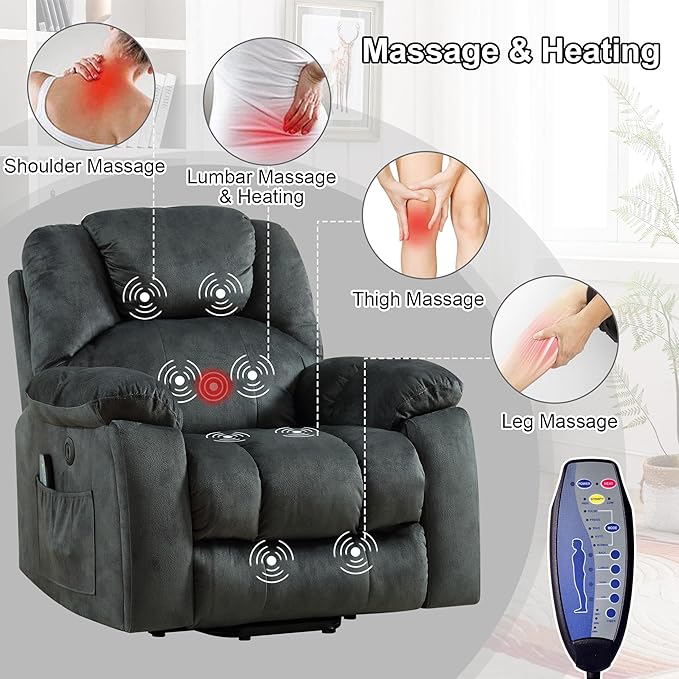 Bonzy Home Power Lift Recliner Chair with Massage and Heating, Lift Chairs Recliner for Elderly, Upholstered Comfy Power Lift Chair with 2 Hidden Cup Holders, Side Pockets, USB Port,Dark Grey