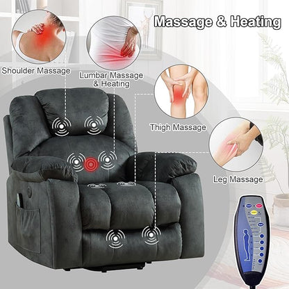 Bonzy Home Power Lift Recliner Chair with Massage and Heating, Lift Chairs Recliner for Elderly, Upholstered Comfy Power Lift Chair with 2 Hidden Cup Holders, Side Pockets, USB Port,Dark Grey
