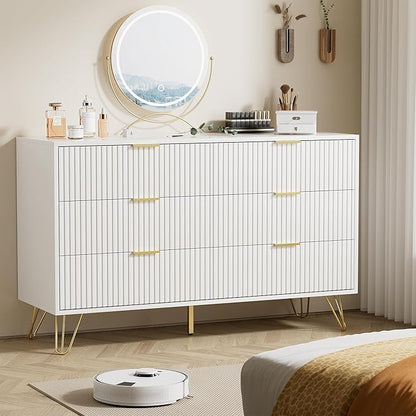 White Dresser for Bedroom, Modern Dresser with Gold Metal Handles & Chests of Drawers for Bedroom, 15.7" D x 47.2" W x 29.5" H