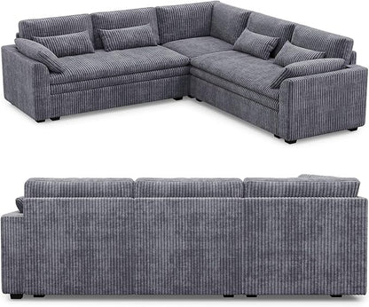 Belffin Large Modular Sectional Sofa with Double 61" Loveseat, Corduroy Corner Couch with 9" Soft Dual-Layer Seats Cushion for Living Room, Apartment, Small Sapce, Light Grey
