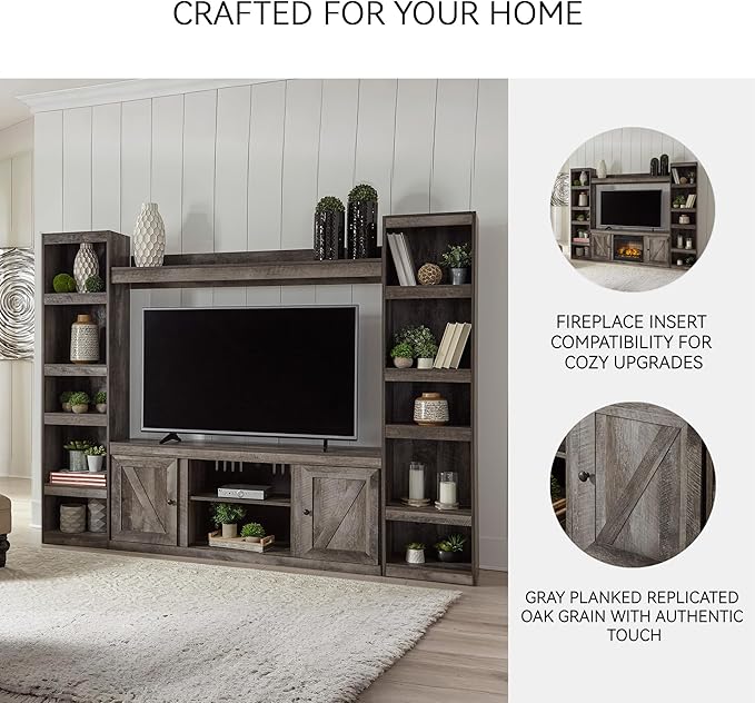 Signature Design by Ashley Wynnlow Rustic Large TV Stand up to 60" with 3 Adjustable Shelves and Fireplace Option, Gray