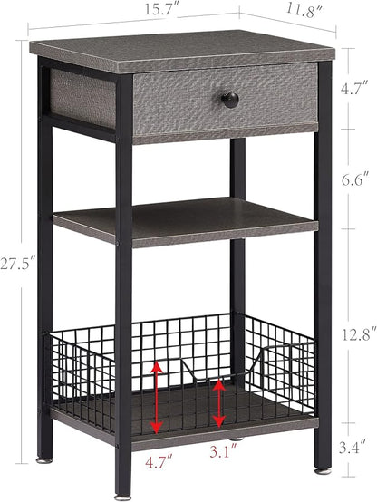 VECELO Tall Side End Table,Nightstands Shelf Storage Organizer with U-Shape Shlef Basket and Drawer for Telephone Entryway/Living Room/Bedroom/Kitchen,Small Spaces,Hemp Gray,27.5" H,1 Set